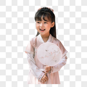 中国风扇子素材汉服中国风儿童拿扇子逛公园玩耍素材