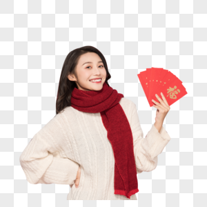 冬季甜美女性过新年发红包图片