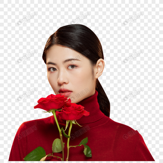 时尚美妆女性拿红玫瑰花图片