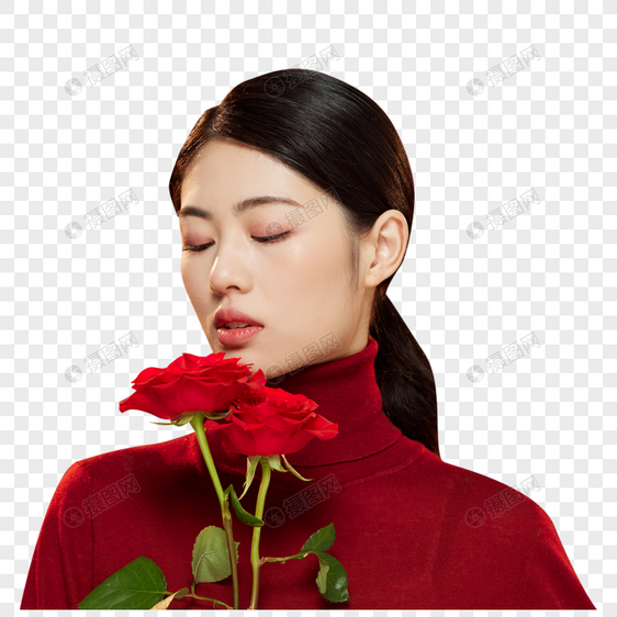 时尚美妆女性拿红玫瑰花图片