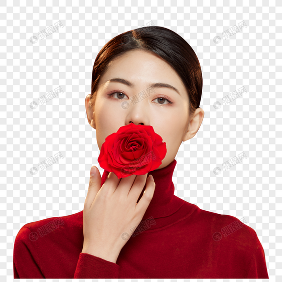 时尚美妆女性拿红玫瑰花图片