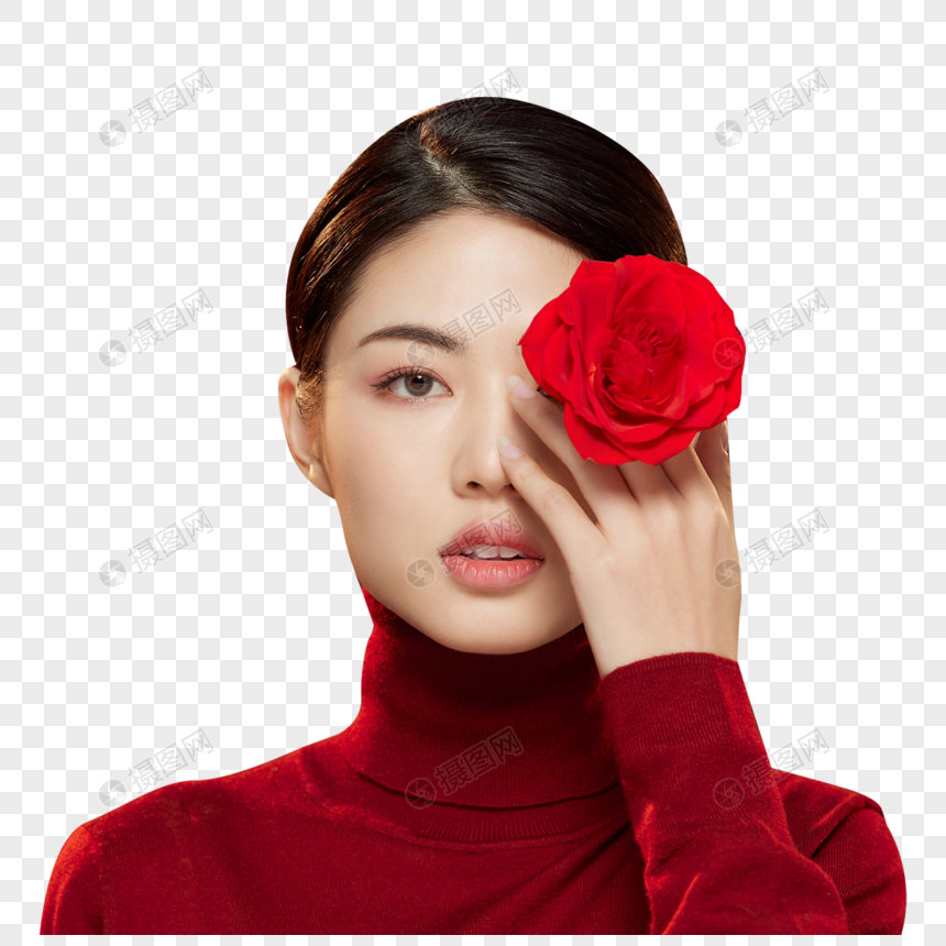 时尚美妆女性拿红玫瑰花图片