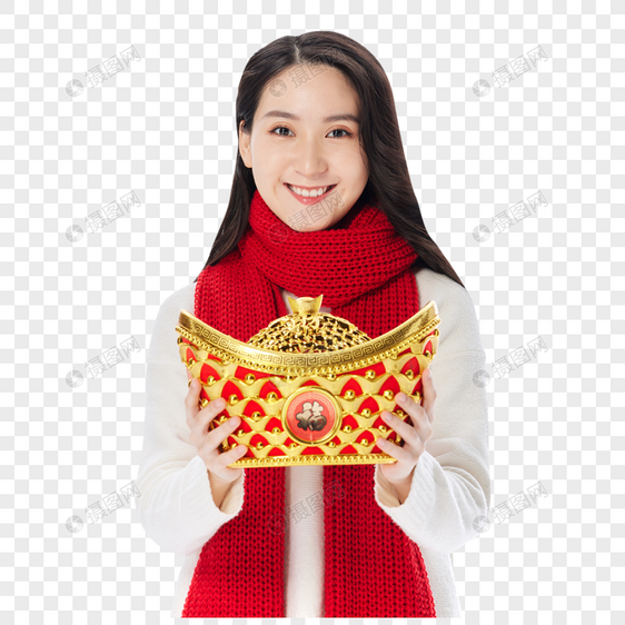 女性手捧金元宝迎新春过新年图片