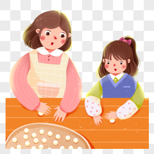 母女团圆元宵节做汤圆的母女素材