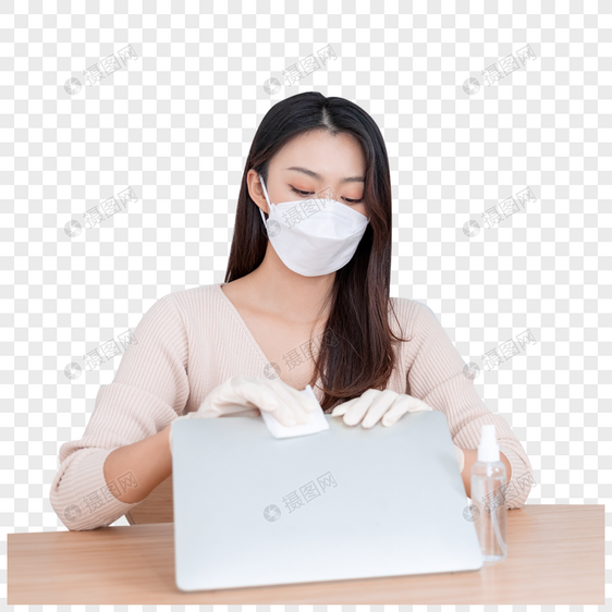 女性居家办公清洁消毒图片