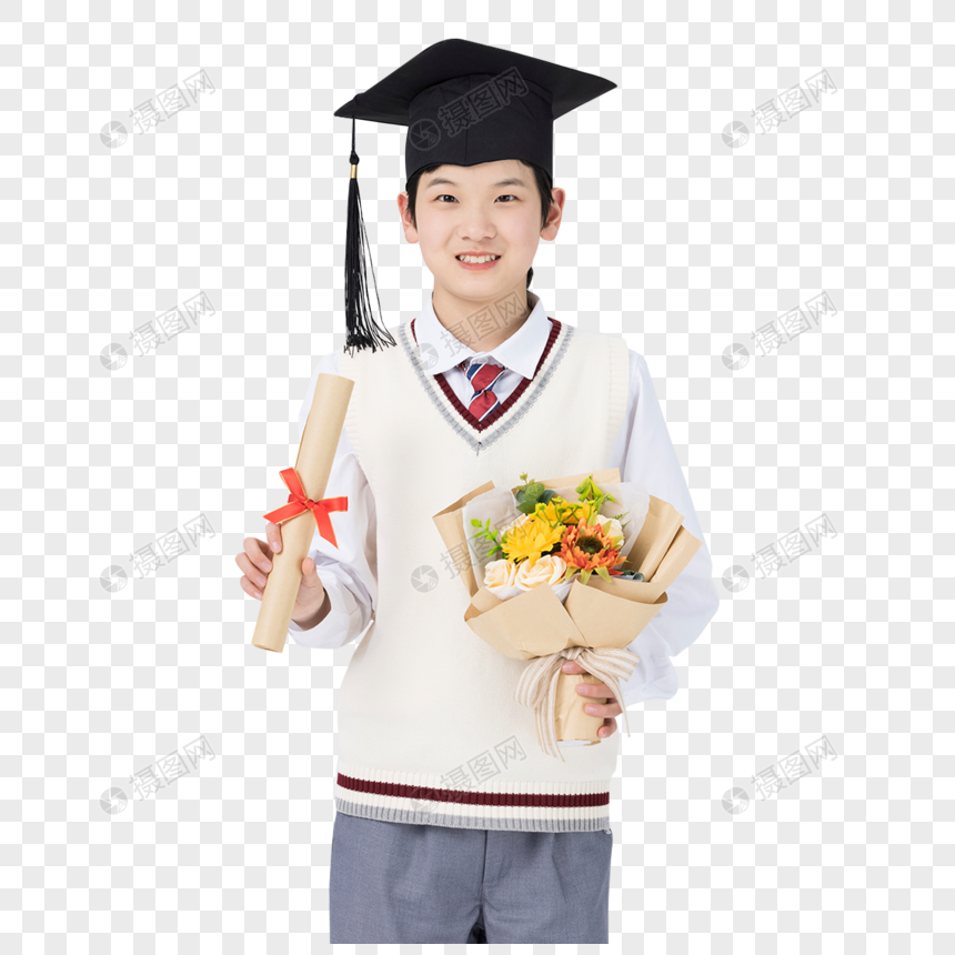 初中生毕业照手捧证书与鲜花图片