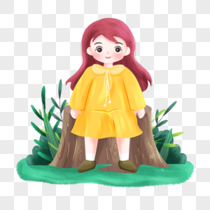 春分之春游坐在树桩上的小女孩图片