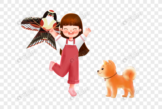女孩带着狗狗放风筝图片