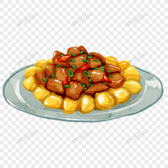 板栗烧鸡八大菜系中国菜川菜手绘美食免扣素材图片