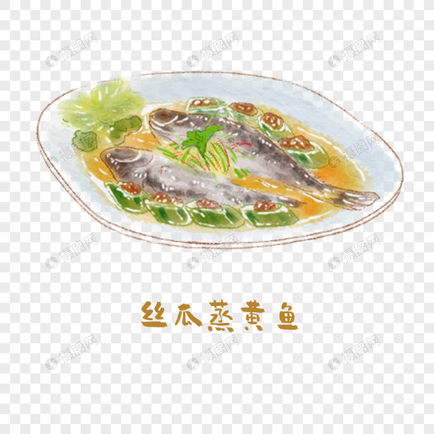 丝瓜蒸黄鱼浙菜手绘美食图片