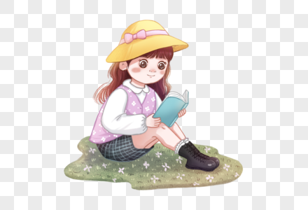 草地上看书的女孩图片
