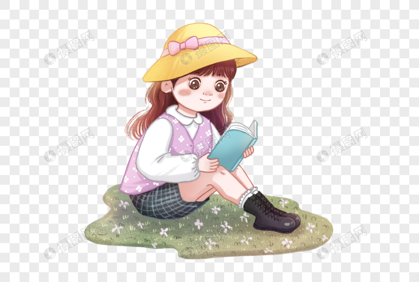 草地上看书的女孩