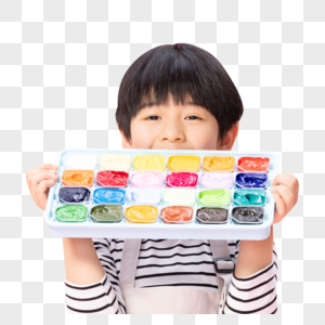 儿童小男孩拿水彩画颜料图片
