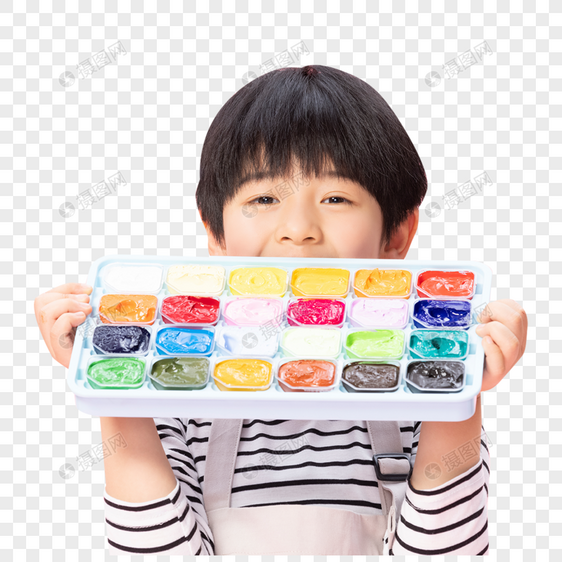 儿童小男孩拿水彩画颜料图片