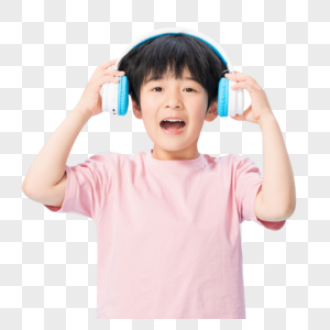 童真小男孩戴耳机听音乐高清图片