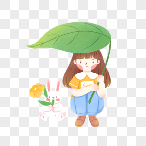 女孩与兔子雨天晾衣服高清图片