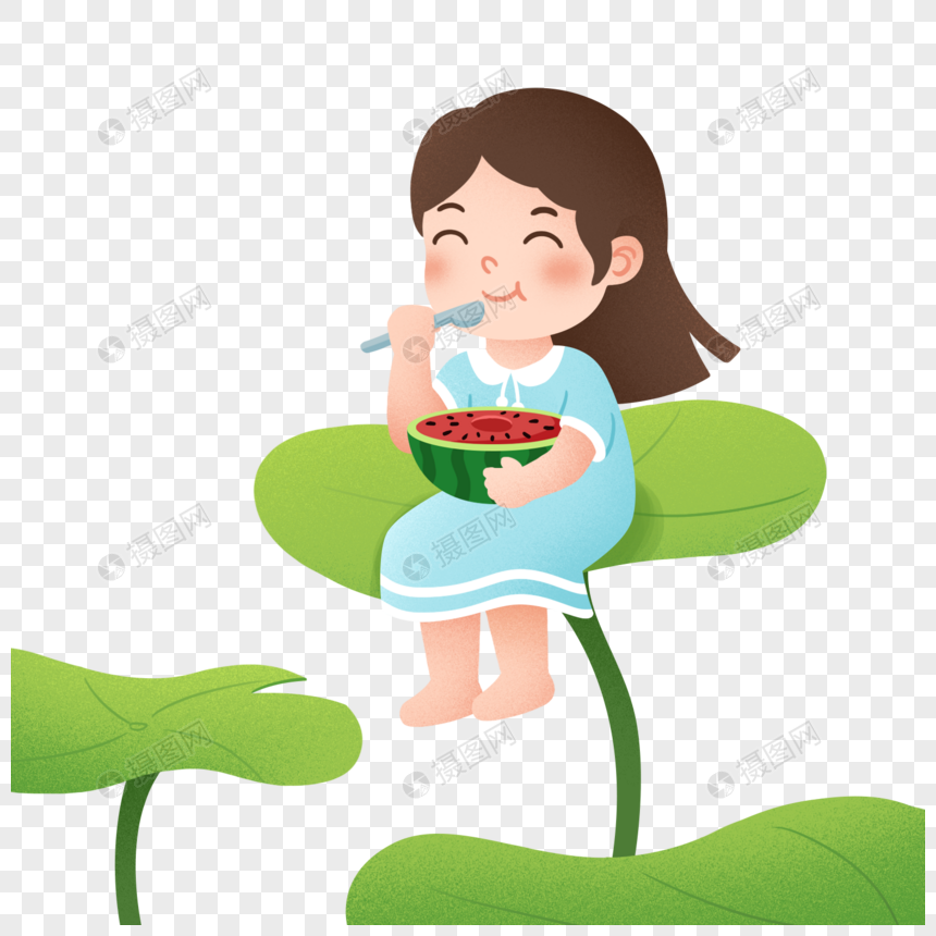 小女孩坐在荷叶上吃西瓜图片