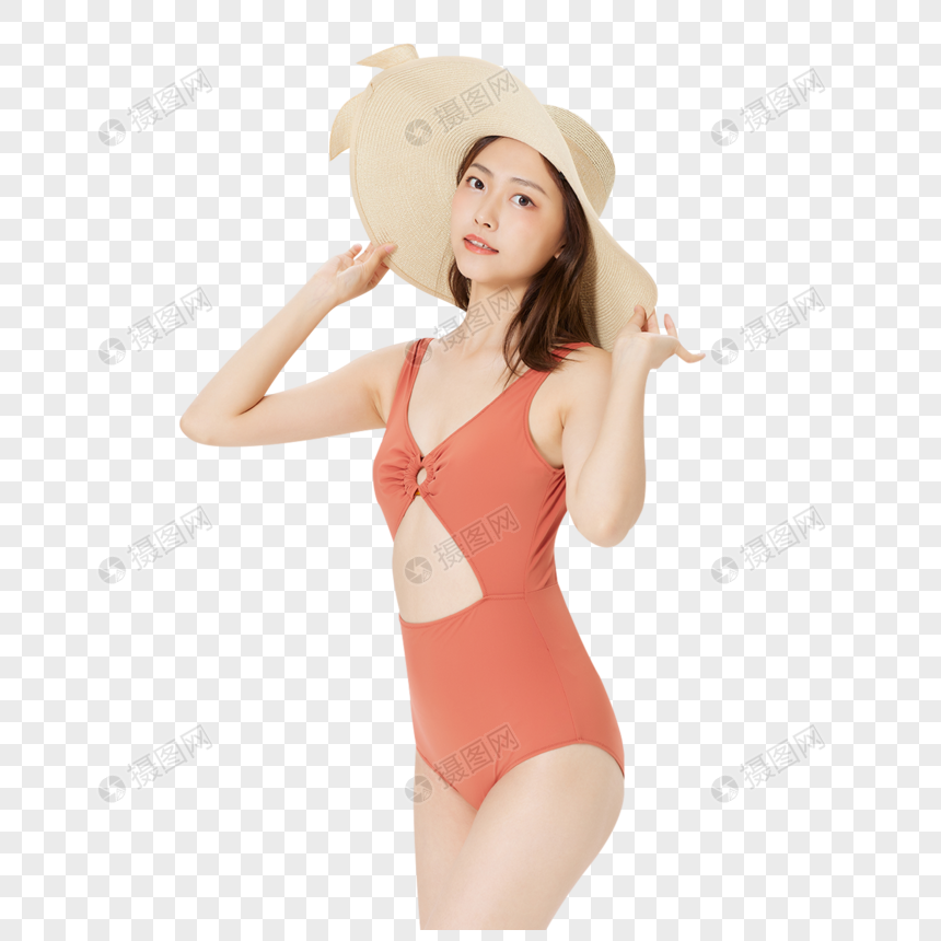 泳装女孩夏日防晒戴草帽图片
