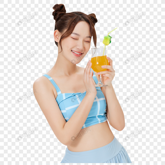 夏天喝饮料的甜美泳装女孩图片