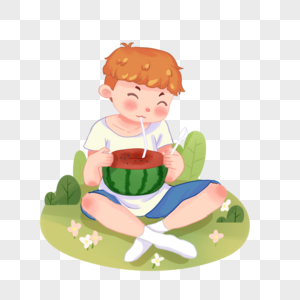 夏季吃西瓜的小男孩图片