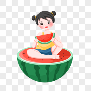 夏天坐在西瓜上吃西瓜的女孩高清图片