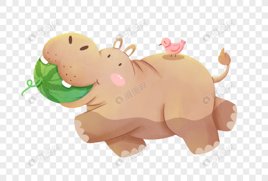 免抠元素 手绘/卡通元素 动物 河马吃西瓜.