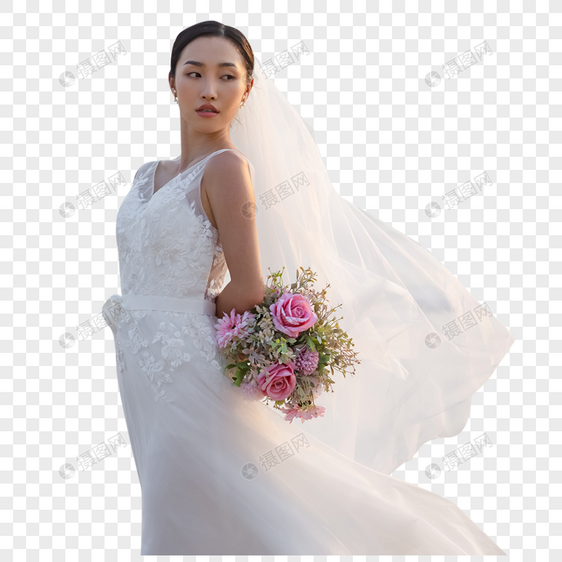 海边沙滩婚纱美女拿手捧花图片