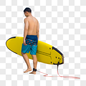 海边沙滩裤青年男性拿冲浪板高清图片