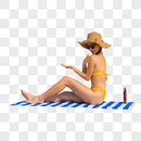 戴草帽比基尼美女沙滩上涂抹防晒图片