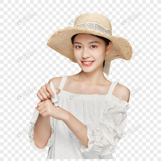 夏日美女戴草帽涂防晒霜图片