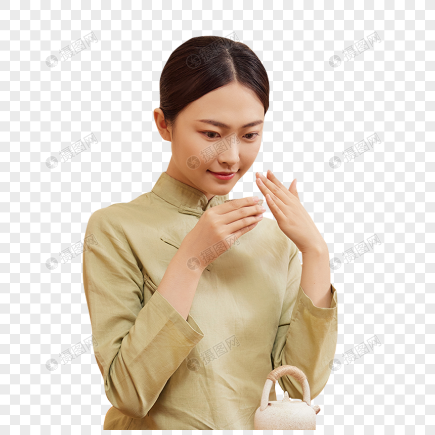 茶道茶艺美女沏茶闻茶香图片