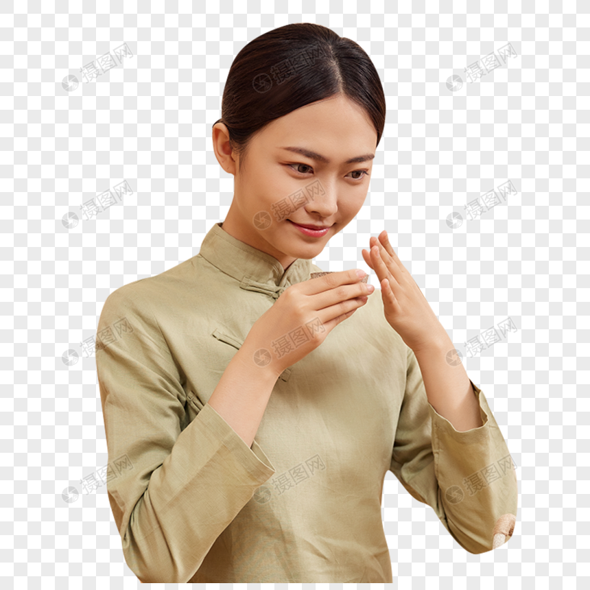 茶道茶艺美女沏茶闻茶香图片