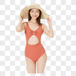 夏日防晒戴草帽的泳装活泼女孩图片