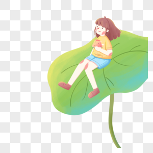 坐在荷叶上吃瓜的女孩图片