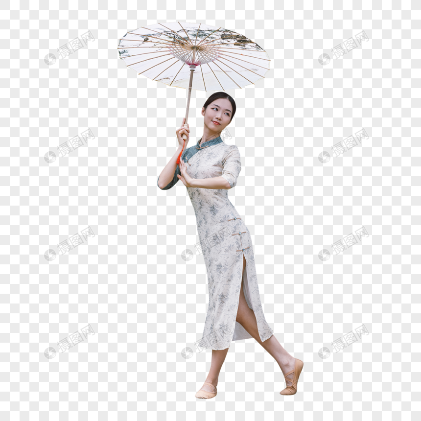 中国风庭院旗袍美女撑油纸伞跳舞