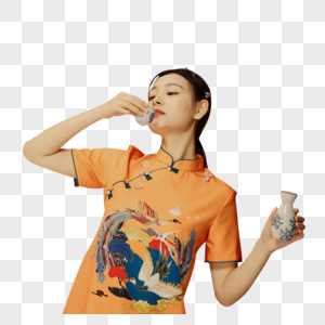 手拿酒杯的东方旗袍美女图片