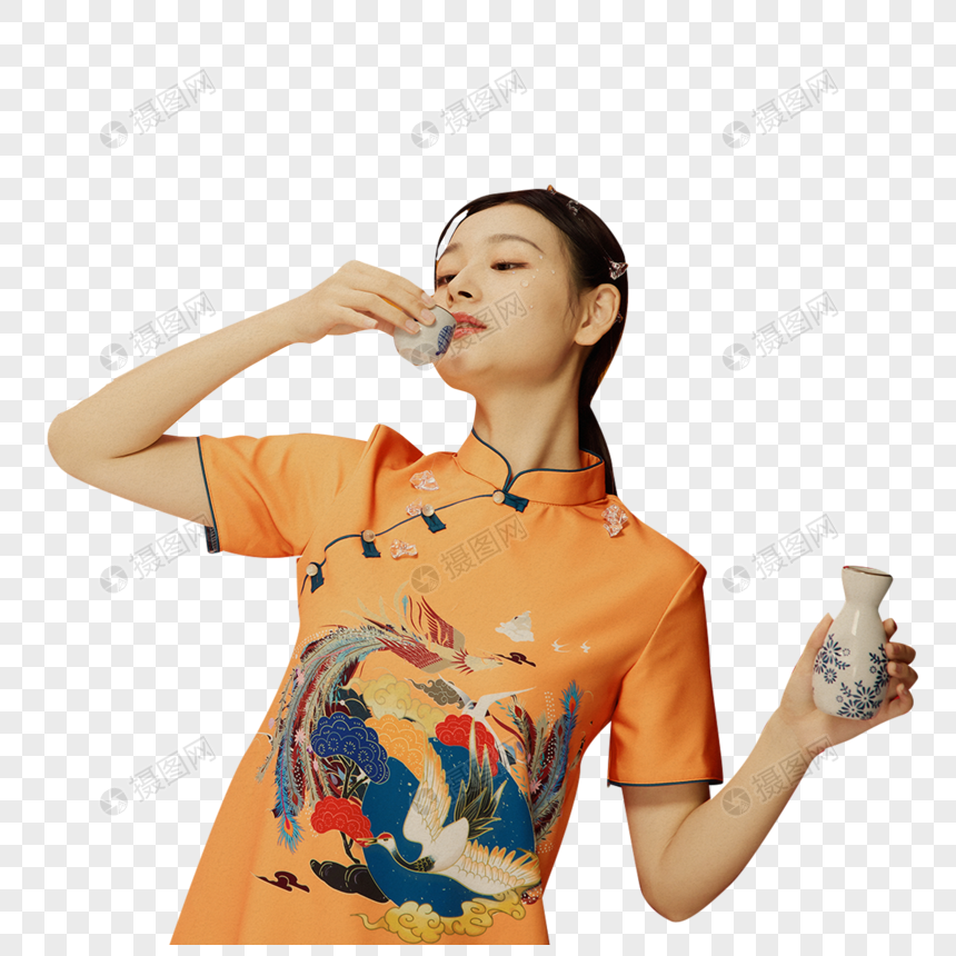 手拿酒杯的东方旗袍美女图片