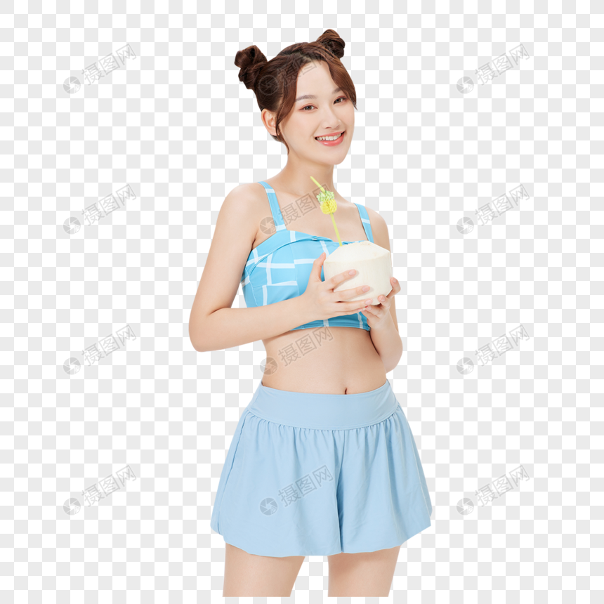 夏日海滩阳光美女手拿椰子图片