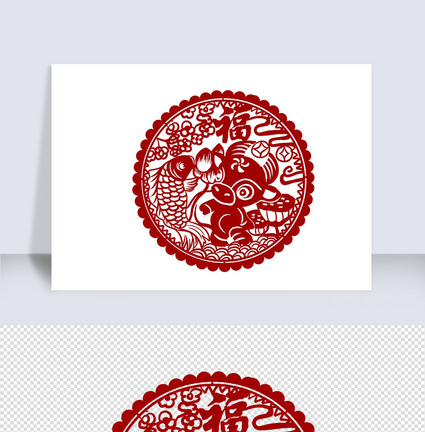 春节红色剪纸牛年窗花元素图片