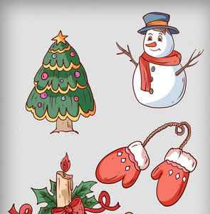 圣诞节雪人圣诞树手套蜡烛雪橇元素图片