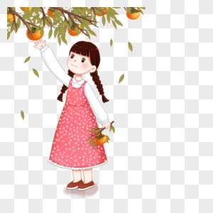 摘柿子的小女孩图片