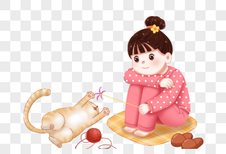 逗娃逗猫的小女孩素材
