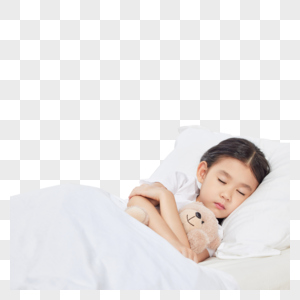 可爱儿童小女孩居家抱着玩偶熊睡觉高清图片