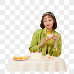 活力时尚色彩美女喝茶吃甜点图片