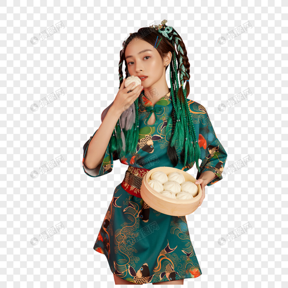 手拿笼屉的俏皮国风美女图片