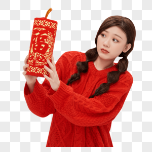 春节女性手拿鞭炮过年图片