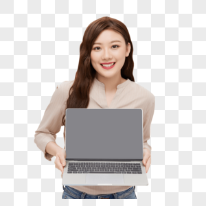 手拿电脑展示的年轻女性图片