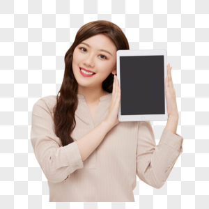 年轻女性手拿平板电脑展示图片