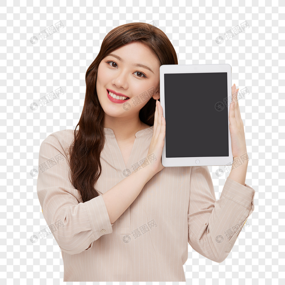 年轻女性手拿平板电脑展示图片