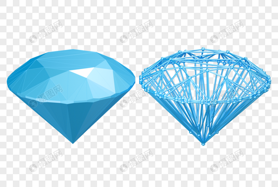 钻石宝石蓝色线框装饰漂浮免扣模型3D图片